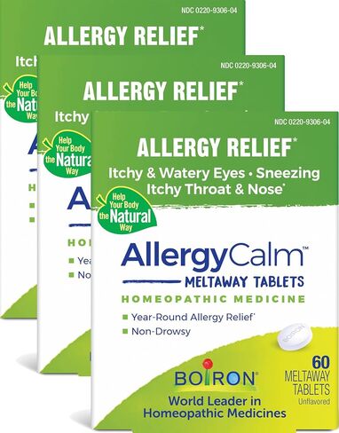 Boiron AllergyCalm Tablets 180 Count, Relief from Allergies and Hay Fever Symptoms of Sneezing, Runny Nose, and Itchy Eyes or Throat, Allergy Calm Tabs (Formerly RhinAllergy) (Pack of 3 60ct Boxes) in Kuwait