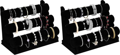 OSPNIEEK Velvet Bracelet Holder with 3 Tier Rack, Black Detachable Jewelry Display Stand T-Bar Necklace Storage Organizer for Bangles Watch Bracelets Scrunchies Organization Showcase in Kuwait