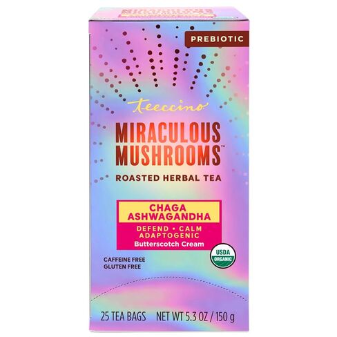Teeccino Chaga Ashwagandha Tea - Butterscotch Cream - Organic Mushroom Adaptogenic Herbal Tea, 3x More Herbs than Regular Tea Bags, Prebiotic, Caffeine Free, Gluten Free - 25 Tea Bags in Saudi Arabia