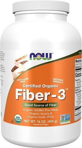 NOW Supplements, Fiber-3, Certified Organic, Non-GMO Project Verified, Psyllium Free, with Organic Golden Flax Meal, Acacia & Inulin, 16-Ounce in Kuwait