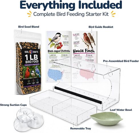 Kool Krafts Window Bird Feeder Kit for Kids & Families – Includes 1 lb USA Made Bird Food, 24-Page Educational Bird Guide Booklet, Removable Tray & Water Cup in Kuwait