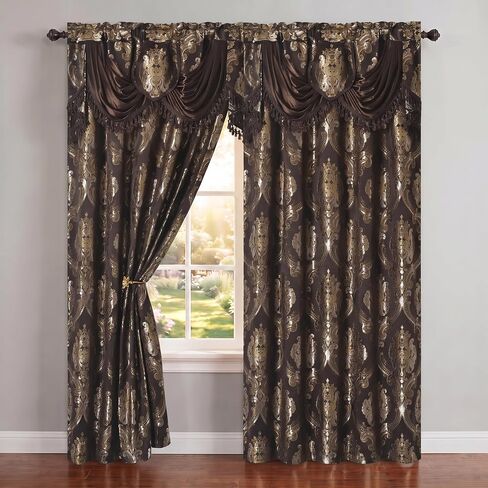 GOHD Luxe Love. Jacquard Window Curtain Panel Drape with Attached Fancy Valance. 2pcs Set. (Sand, 96" Drop x 54" Wide with 18" Valance x 2pcs) in Kuwait