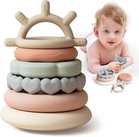Moonkie Stacks of Circles Soft Teething Toy | Educational Learning Baby Toy | Stacking Ring Toys for Babies Boy and Girl | 7 Piece Teethers Set in Kuwait