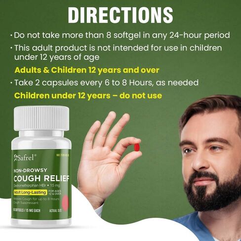 Safrel Adult Cough Relief for Adults Dextromethorphan HBr 15mg (60 Softgels) 8-Hour, Non-Drowsy, Long-Lasting Bronchial Suppressant (60 Count (Pack of 1)) in Saudi Arabia