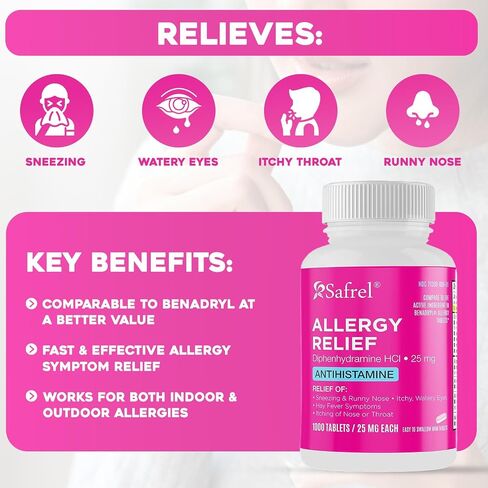 Safrel Allergy Relief Medication Diphenhydramine HCl Caplets 25 mg (1000 Count), Antihistamine Relieves Sneezing, Runny Nose, Hay Fever, Itchy Eyes and Throat, Seasonal Indoor & Outdoor Allergy Pills in Saudi Arabia