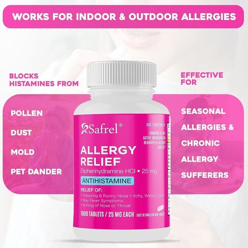 Safrel Allergy Relief Medication Diphenhydramine HCl Caplets 25 mg (1000 Count), Antihistamine Relieves Sneezing, Runny Nose, Hay Fever, Itchy Eyes and Throat, Seasonal Indoor & Outdoor Allergy Pills in Saudi Arabia
