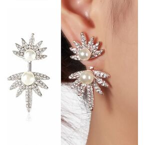 Jumwrit مابل ليف أقراط اللؤلؤ سترة الأذن الأقراط الأمامية الخلفية تتدلى الأقراط حجر الراين سترة الأذن الكفة الأقراط للنساء الفتيات in Kuwait