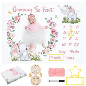 Auidy_6TXD Baby Milestone Blanket Monthly Milestone Blankets for Baby Girls Newborn Baby Blankets Photography Background Fleece Blankets with Wooden Signs, Frames, Bow Headband 50x39 inches