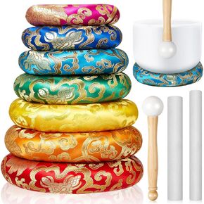10 Pcs Singing Bowl Cushion Set 7 Silk Cloth O Ring with 3 Crystal Singing Bowl Mallet Include Solid and Hollow Stick Wood Handle Rubber Mallet for 6-12 Tibetan Crystal Sound Meditation