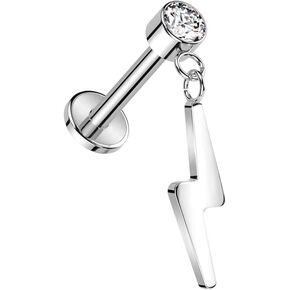 Pierced Owl 18GA ASTM F-136 Implant Grade Titanium Threadless Push-In CZ Crystal with Dangling Lightning Bolt Flat Back Stud