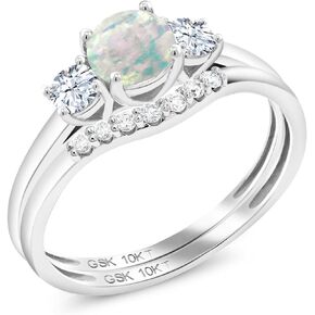 10K White Gold Simulated Opal and White Created Sapphire and Lab Grown Diamond 3-Stone Bridal Engagement Wedding Ring Set For Women (0.83 Cttw, October Birthstone, 5MM, Available in Size 5,6,7,8,9)