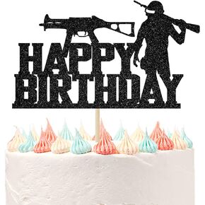 Ferastar Video Game Happy Birthday Cake Toppers - PUBG Happy Birthday Cake Decorations Picks for Kids Gaming Themed Birthday Party Black Glitter
