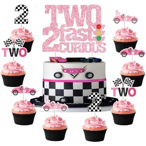 Two Fast Two Curious Birthday Decorations, 25Pcs Race Car Cake Topper Cupcake Toppers Pink for Girl 2nd Birthday Let’s Go Racing Party Supplies