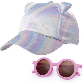Girls Baseball Cap with Sunglasses Set Fashion Cute Trucker Hat Adjustable Snapback Kids Sun Hat Summer Sports Ponytail Cap