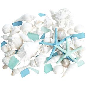 Real Mixed Beach Seashells with Blue & Green Starfish & Aqua and Blue Sea Glass | White Decorative Sea Shell Décor & Blue Seaglass Pieces | Seashell Wedding | Plus Free Nautical eBook by Joseph Rains