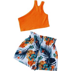 Girls Floral Print Crop Top and Shorts Set, Asymmetrical One Shoulder Top, Orange, 2-Piece Outfit