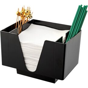Restaurantware Bar Lux 7.9 Inch x 5.5 Inch Napkin Holder 1 3-Compartment Condiment Caddy - Rectangle Tabletop Black Plastic Napkin Caddy Refillable Easy Access