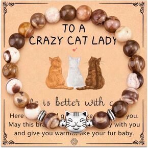 Lanqueen Nature Stone Black Cat/Tabby Cat/Tuxedo Cat/Orange Cat/Gray Cat/White Cat Bracelet Crazy Cat Lady Gifts for Women for Cat Lover Cat Mom