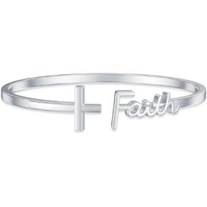 AOBOCO Sterling Silver Faith Cross Bangle Sideways Cross Bangle Bracelet Christian Jewelry for Women Sister Girlfriend Inspiration Gift