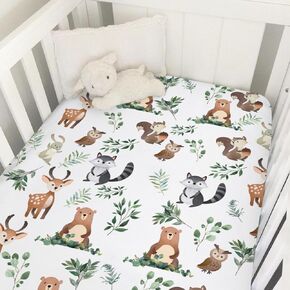 Woodland Animals Boho Leaves Baby Crib Sheet 52''x28'' Bear Deer Owl Bunny Raccoon Squirrel Fitted Crib Mattress Sheet for Boy Girl Bed Sheets for Standard Toddler Mattress