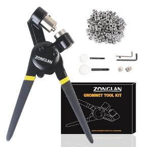ZONGLAN Grommet Tool Kit, Eyelet Tool Multi-Purpose Handheld Manual Hole Punch Rivet Press Plier Crimper 2 Interchangeable Dies with 600 Set 7/32" 3/8" Metal Grommets Washers