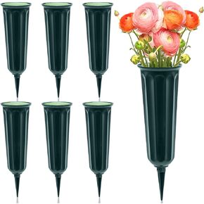 6 Pack Cemetery Vases with Spikes, Memorial Floral Vases with Foam Inserts, Grave Flower Holder Cones for Outdoor Use, Lawn Headstone Graveside Decoration, Fresh or Artificial Flowers, Green
