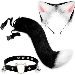 Cat Costume Adult Women, Fox Wolf Costume Accessories Black Cat Ears Headband Faux Fur Wolf Fox Tail Leather Neck Chocker Animal Costume Set for Girls Kids for Halloween Dress Up Party