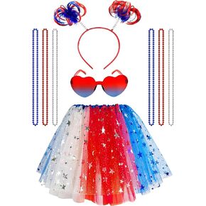 QLINLEAF Independence Day 4th of July Tutu Set With Headband Costume Accessories 80s Halloween Canival Cosplay Party Women