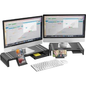 حامل شاشة كمبيوتر مزدوج مع حامل هاتف درج، حامل شاشة كمبيوتر قابل للطي وقابل للتعديل للمكتب وأجهزة الكمبيوتر المحمولة والأجهزة اللوحية والطابعات وشاشة التلفزيون وتخزين لوحة المفاتيح وأفكار الهدايا - أبيض in Kuwait