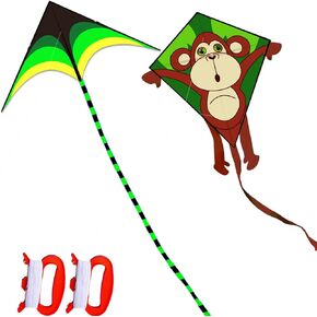 HENGDA KITE-2 Pack Classical Prairie Delta Kite for Kids & Adults,and Cartoon Monkey Diamond Kites Easy to Carry with Flying Line