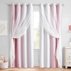 100% Blackout Curtains with Sheer Overlay Mix and Match Double Layer Drapes 84 Inch Long 2 Panels for Boys Bedroom Living Room Teal White Ombre Grommet Window Treatment with Tiebacks