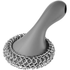 SUBEKYU Cast Iron Scrubber with Silicone Handle, Stainless Steel Cast Iron Skillet Cleaner Chainmail Scrubber for Cast Iron Pans, Red