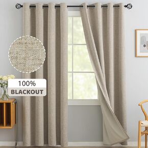Yakamok Burnt Orange Linen Curtains 100% Blackout 63 Inches Long,Room Darkening Textured Curtains for Living Room Thermal Grommet Bedroom Curtains 2 Panels with White Liner