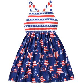 Girls 4th of July Outfit American Flag Dress Crisscross Back Red White and Blue Patriotic Dresses
