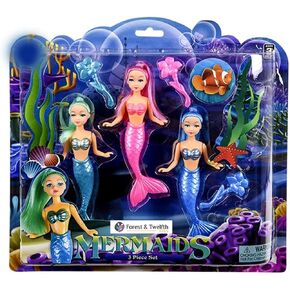 Forest & Twelfth Kids 3 Piece Mermaid Doll Play Set Princess Play Dolls for Girls Aged 3 and Above – Premium Quality, Vivid Colors, Guaranteed Safety