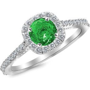 0.85 Carat 14K White Gold Gorgeous Classic Cushion Halo Style Diamond Engagement Ring with a 0.5 Carat Natural Emerald Center (Heirloom Quality)