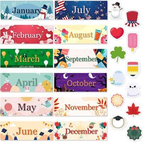Spakon 24 Pcs 12 Months of The Year Headers Monthly Headliners Set Bulletin Board Borders Seasonal Headers with 12 Stickers for Classroom School Bulletin Decorations(Holiday)