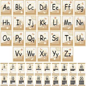 Pasimy 46 Pcs Alphabet and Number Bulletin Board Set Boho Letters ABC Number 1-20 Poster Cards for Classroom Wall Decor Wood Grain Rainbow Manuscript for Toddler Preschool Nursery Kindergarten Teacher