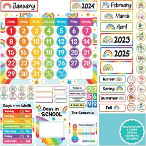 Decorably 147 Pcs Cutouts Rainbow Classroom Calendar Set Bulletin Board with Borders - School, Homeschool