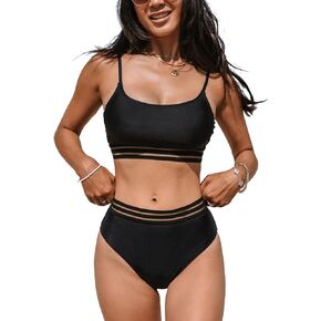 CUPSHE Women's Bikini Sets High Waisted Two Piece Swimsuit Scoop Neck Mesh Striped Swimwear
