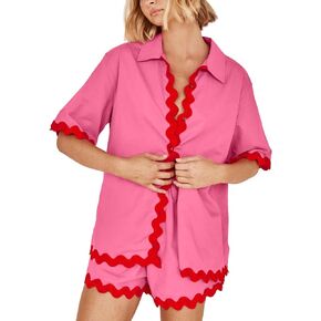 WOWULOVELY Women's 2024 Summer 2 Piece Vacation Outfits Casual Short Sleeve Shirt High Waist Shorts Set Tracksuit