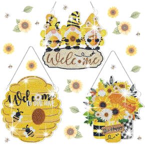 Yousoontic 3 Pcs Summer Diamond Painting Kits Diamond Art Wreath Kits Bee Sunflower Diamond Painting Hanging Sign Summer Door Decorations Set Diamond Art Sign for Home Wall Front Door Decor