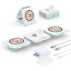 3 in 1 Wireless Charging Station for iPhone 15 Pro Max 14 13 12 Pro Max Mini,AirPods/Pro,iWatch Ultra/SE/9/8/7/6/5/4/3/2, Magnetic Foldable Charger Fast Wireless Charging Pad with Adapter White
