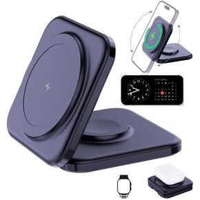 شاحن لاسلكي 3 في 1 قابل للطي متوافق مع MagSafe وApple iPhone 15 14 13 12 والساعة وAirPods وخفيف الوزن ومحمول وجذاب مغناطيسي قوي مناسب للمكاتب الخارجية، إلخ. (أسود)