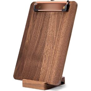 Walnut Wood Clipboard, Small Menu Clip Board with Metal Clip and Stable Base, Solid Hardwood, Smooth Edges, Free Stand Holder for Bar, Restaurant, Coffee Shops, Countertops (9.00×6.30×0.40 inch)
