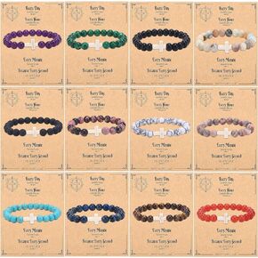 CASDAN 12Pcs Cross Bracelets for Women Men 8mm Stone Bracelet Crystal Healing Bracelets Semi-Precious Gemstone Bracelet Set for Christian Gifts