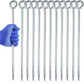16 Inch Ground Rebar Stakes, 8 Pack Heavy Duty Galvanized Metal Anchor with a 0.9-Inch Wide Hole, for Outdoor Camping Tent