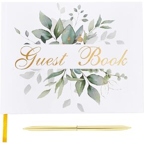 كتاب ضيوف الزفاف مع قلم وحامل قلم، سجل ضيوف مبطن لتسجيل الدخول، غطاء صلب برقائق ذهبية، حواف مذهبة، 7 بوصة × 9 بوصة (رقائق ذهبية من الأوكالبتوس، كتاب، قلم وحامل قلم)