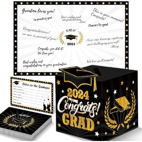 Graduation Decorations Black and Gold 2024 - Guest Book Alternative, Graduation Cards Box with 36PCS Graduation Advice Cards, Signature Board Congrats Grad Decoration Graduation Supplies 2024