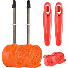 Bike Tube 700x18/32C Presta Valve, Road Bicycle Tubes with Tire Levers and Strips, 700C Tube Compatible with 700x18C 700x21C 700x23C 700x25C 700x28C 700x32C Tire Tyre (Orange, 2 Pack 700x18/32C)